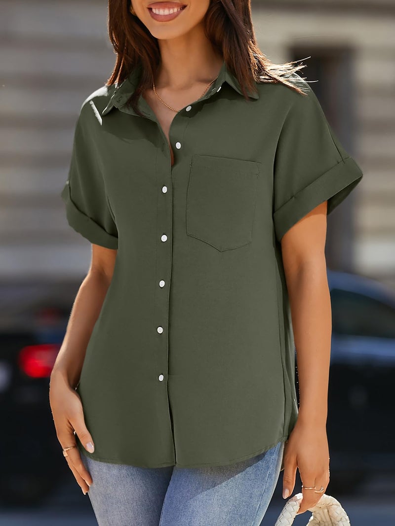 Beautife Womens Short Sleeve Shirts V Neck Collared Button Down Shirt Tops with Pockets Army Green - Image 2